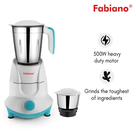 Fabiano Glory 500W 2 Jars Mixer Grinder, Over Load Protection, Anti Skid Rubber Legs, White