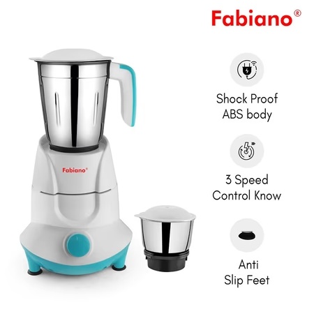 Fabiano Glory 500W 2 Jars Mixer Grinder, Over Load Protection, Anti Skid Rubber Legs, White