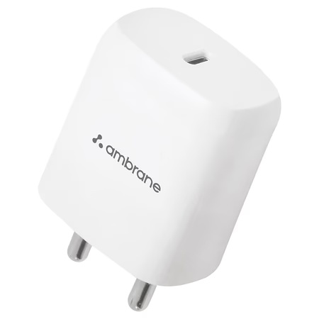 Ambrane RAAP M20 Wall Charger, 20 W Intelligent fast charging with PD Technology, BIS certified, Compatible with all Type-C Devices, Short Circuit & Overload Protection, Over Temperature Protection, Anti-Rust Pins, White