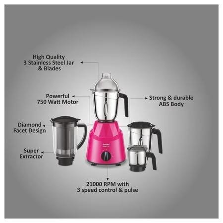 Preethi Galaxy Plus 750 Watt Mixer Grinder with 4 Stainless Steel Jar, Pink 3 Preethi Galaxy Plus 750 Watt Mixer Grinder with 4 Stainless Steel Jar, Pink