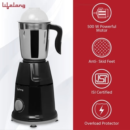 Lifelong Duos 500W 2 Jars Mixer Grinder, Overload Protection, Anti-Skid Feet,LLMG93, Black
