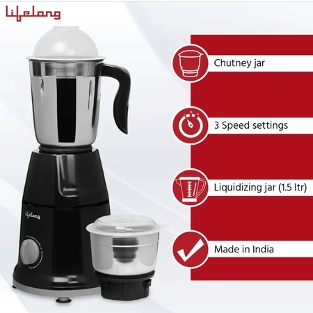 Lifelong Duos 500W 2 Jars Mixer Grinder, Overload Protection, Anti-Skid Feet,LLMG93, Black 4 Lifelong Duos 500W 2 Jars Mixer Grinder, Overload Protection, Anti-Skid Feet,LLMG93, Black