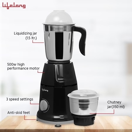 Lifelong Duos 500W 2 Jars Mixer Grinder, Overload Protection, Anti-Skid Feet,LLMG93, Black 6 Lifelong Duos 500W 2 Jars Mixer Grinder, Overload Protection, Anti-Skid Feet,LLMG93, Black