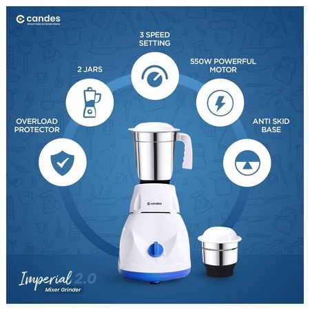 Candes Imperial 550W 2 Jars Mixer Grinder, White and Blue