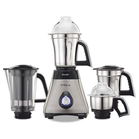 Preethi Steel Supreme 750 Watts 4 Jars Juicer Mixer Grinder, Turbo Vent Technology, LED Power Indicator, MG-208, Black and Silver