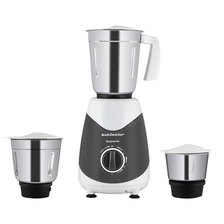 Kelvinator Superio 500 Watts 3 SS Jars and Flexible Jar Lids Mixer Grinder, 3 Speeds + Pulse, KMG00250, Grey with White