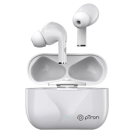 pTron Basspods P181 Bluetooth 5.1 True Wireless Headphones, 32Hrs Total Playtime, Passive Noise Cancellation, Immersive Stereo Sound, Touch Controls, Voice Assistance, Type-C Fast Charging & IPX4 (White, TWS)