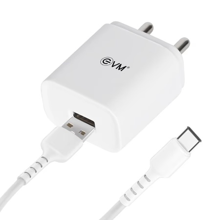 EVM USB Smart Charger with Type-C Cable, 5 V Fast Charging, 2.4 A Output, Smart IC technology, Over Current Protection, Short Circuit Protection, Surge Protection, No load Protection, Compatible with all C-type devices, White