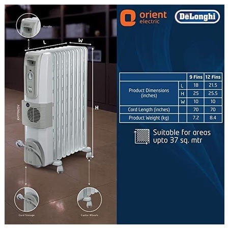 Delonghi KH770925V 2500W Oil Filled Room Heater with 9 Fins, White