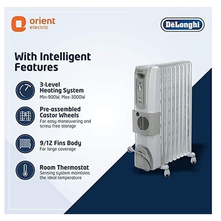 Delonghi KH770925V 2500W Oil Filled Room Heater with 9 Fins, White 5 Delonghi KH770925V 2500W Oil Filled Room Heater with 9 Fins, White