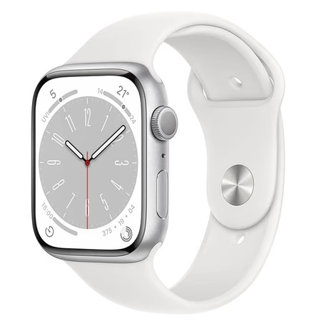 Apple Watch Series 8 GPS 45mm Silver Aluminium Case with White Sport Band, Water resistant 50 metres, Dust resistant (IP6X), Fast charge, 3rd-gen optical heart sensor, Emergency SOS, Crash Detection, Fall Detection