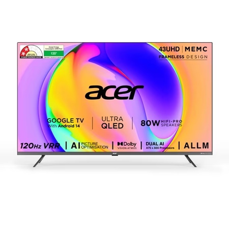 Acer 108 cm (43 inch) Super Series 4K UHD Smart QLED Google TV with Android 14 (Black), AR43QDXGU2875AT