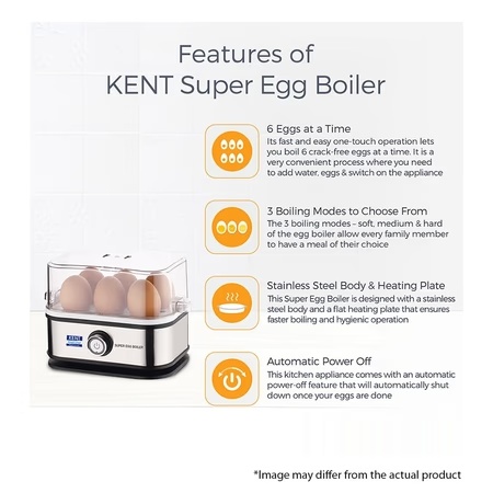 Kent Super 400 W Stainless Steel Egg Boiler, 3 Boiling Modes, Upto 6 Egg Capacity,16069 4 Kent Super 400 W Stainless Steel Egg Boiler, 3 Boiling Modes, Upto 6 Egg Capacity,16069
