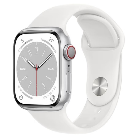 Apple Watch Series 8 GPS + Cellular 41mm Silver Aluminium Case with White Sport Band, Water resistant 50 metres, Dust resistant (IP6X), Fast charge, 3rd-gen optical heart sensor, Emergency SOS, Crash Detection, Fall Detection