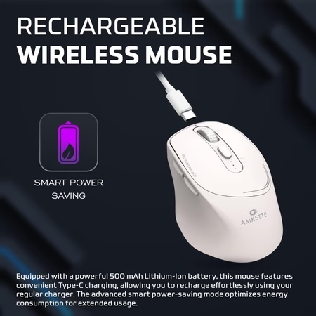 Amkette Hush Pro Epic Rechargeable Bluetooth Wireless Mouse, White