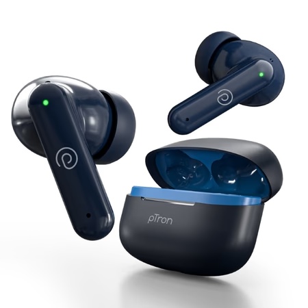 pTron TWS Basspods Sync Quad Mic Earbuds, TruTalk ENC Calls, 40H Playtime, In-Ear Sensor, 40ms Movie/Music Modes, Bluetooth 5.3 Headphones, Voice Assistant Support & Type-C Fast Charging & IPX5 Water Resistant (Blue)