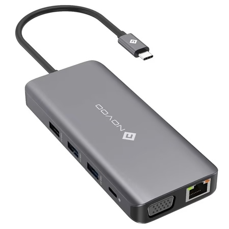 Novoo 11-in-1 USB-C Hub with 4 USB-A Port, USB-C PD Port, 2 HDMI Port, SD Card and TF Slot, VGA Port, Ethernet Port, Dark Grey