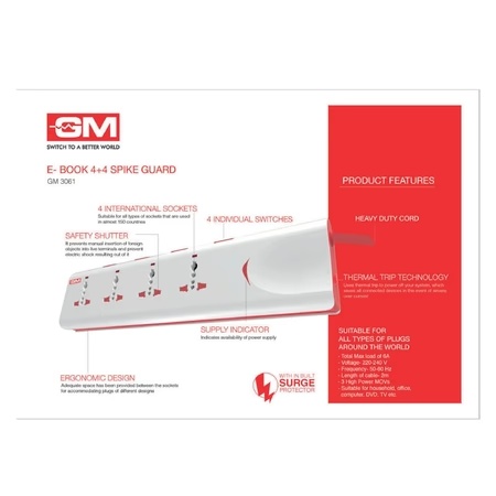 GM E-Book 4+4 Spike Adaptor With Individual Switch, Indicator, Safety Shutter, International Sockets And Surge Protector