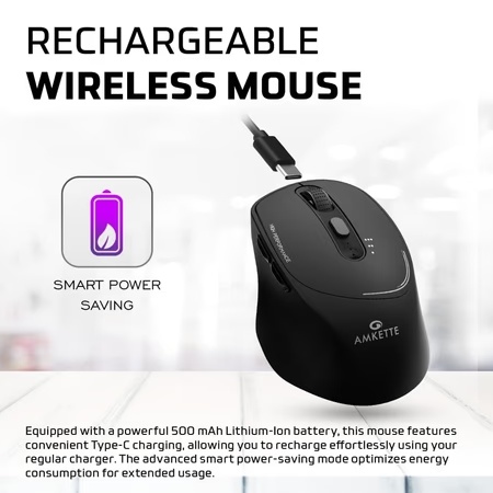 Amkette Hush Pro Epic Rechargeable Bluetooth Wireless Mouse, Black