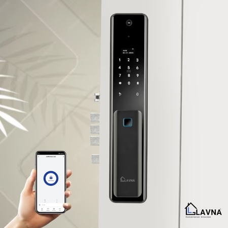 LAVNA LA48 Smart Wifi Camera Door Lock with 6 Way of Access, (5 Bolts wooden door lock)