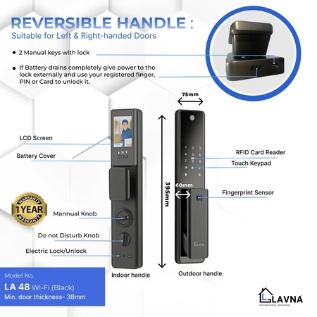 LAVNA LA48 Smart Wifi Camera Door Lock with 6 Way of Access, (5 Bolts wooden door lock) 5 LAVNA LA48 Smart Wifi Camera Door Lock with 6 Way of Access, (5 Bolts wooden door lock)