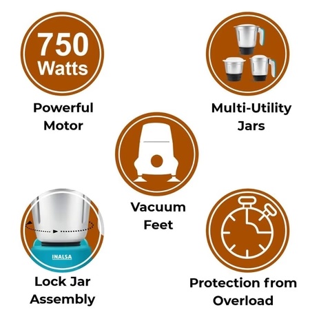 Inalsa Jazz Plus 750 Watts Mixer Grinder with 2 Jars, Overload protection, Vacuum Feet (White/Blue) 2 Inalsa Jazz Plus 750 Watts Mixer Grinder with 2 Jars, Overload protection, Vacuum Feet (White/Blue)