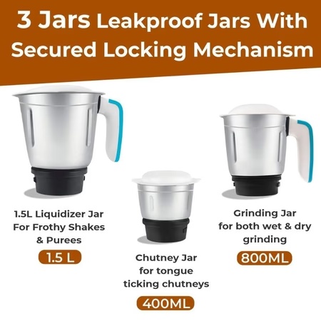Inalsa Jazz Plus 750 Watts Mixer Grinder with 2 Jars, Overload protection, Vacuum Feet (White/Blue) 3 Inalsa Jazz Plus 750 Watts Mixer Grinder with 2 Jars, Overload protection, Vacuum Feet (White/Blue)