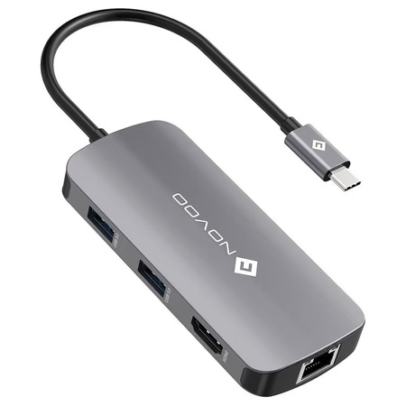 Novoo 7-in-1 USB-C Hub with 4 USB-A Port, USB-C PD Port, HDMI Port, Ethernet Port, Dark Grey