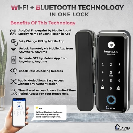 LAVNA LA5 Smart Wifi + Bluetooth Smart Glass Door Lock with 7 Ways of Access