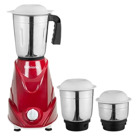Fabiano Red Pearl 500W 3 Jars Mixer Grinder, Over Load Protection, Anti Skid Rubber Legs, Red
