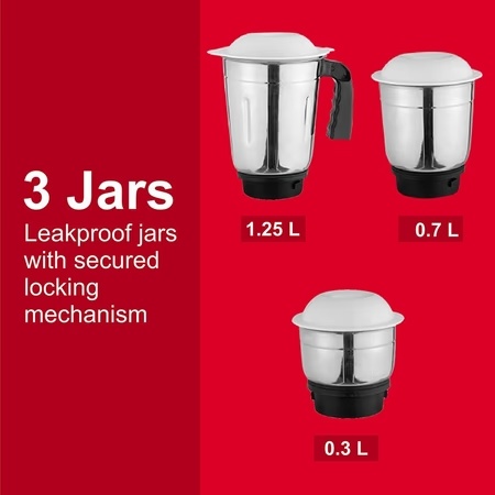 Fabiano Red Pearl 500W 3 Jars Mixer Grinder, Over Load Protection, Anti Skid Rubber Legs, Red