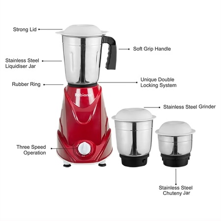 Fabiano Red Pearl 500W 3 Jars Mixer Grinder, Over Load Protection, Anti Skid Rubber Legs, Red