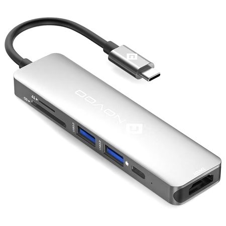Novoo 6-in-1 Pro USB-C Hub with 2 USB-A Port, USB-C PD Port, HDMI Port, SD Card and TF Slot, Dark Grey