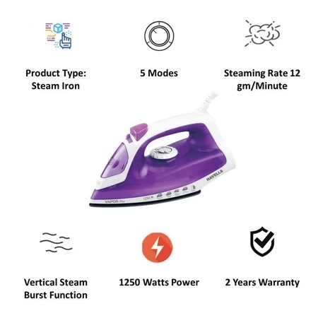 Havells Vapor Pro 1250 Watts Steam Iron with 200ml Water Tank, Vertical Steam Burst Function, Purple