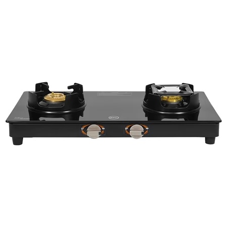 BPL Slim Glass Top 2-Burner Gas Stove with Toughened Glass Top, Mini Pan support for smaller utensils, Flame Protection, Metal Knobs, SS Drip Tray, 2 Years Warranty