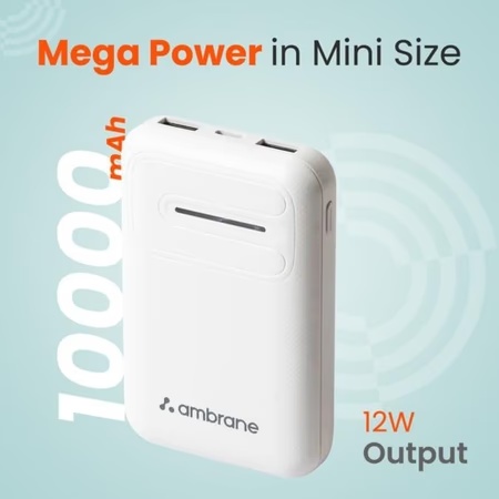 Ambrane 10000 mAh Lithium Polymer Powerbank, PP-115, White