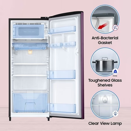 Samsung 183 litres 4 Star Single Door Refrigerator, Camellia Purple RR20C1724CR/HL 4 Samsung 183 litres 4 Star Single Door Refrigerator, Camellia Purple RR20C1724CR/HL