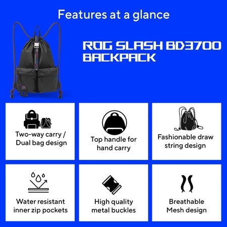 Asus BD3700 Rog Slash Premium Multi-Use Drawstring Bag, Black