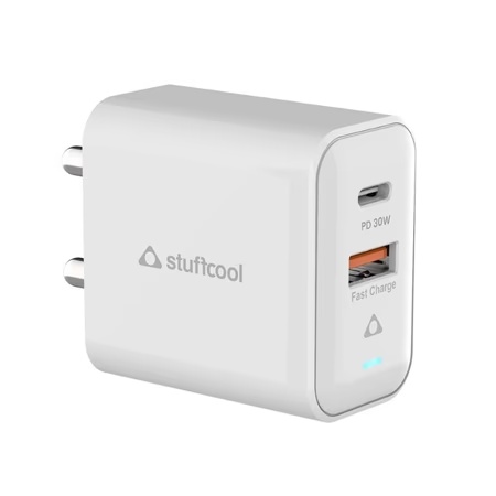 Stuffcool Flow Type C Power Delivery + USB A 30 W Adapter, White