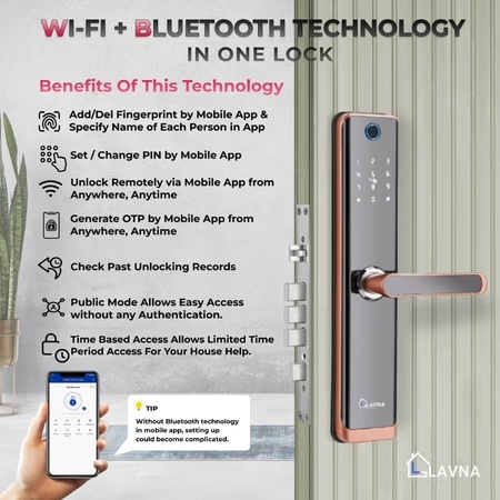 LAVNA LA28 Smart Wifi Door Lock with 7 Way of Access, Rose Gold, (2 Bolts wooden door lock)