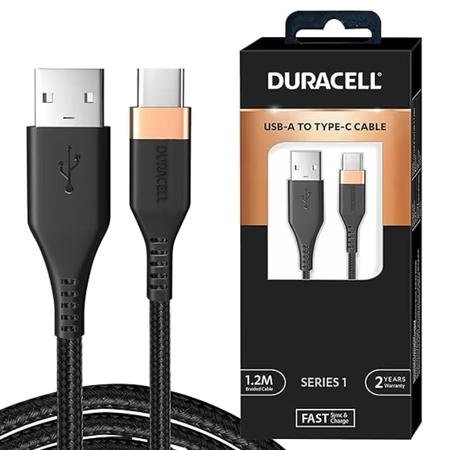 Duracell 3 A Fast Charging Type A to Type C Power Cable, Black
