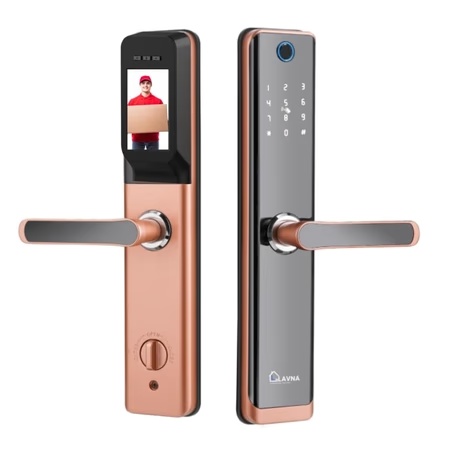 LAVNA LA24 Smart Wi-Fi Camera Door Lock with 7 Way of Access, Rose Gold, (5 Bolts wooden door lock)