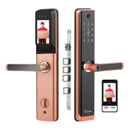 LAVNA LA24 Smart Wi-Fi Camera Door Lock with 7 Way of Access, Rose Gold, (5 Bolts wooden door lock)