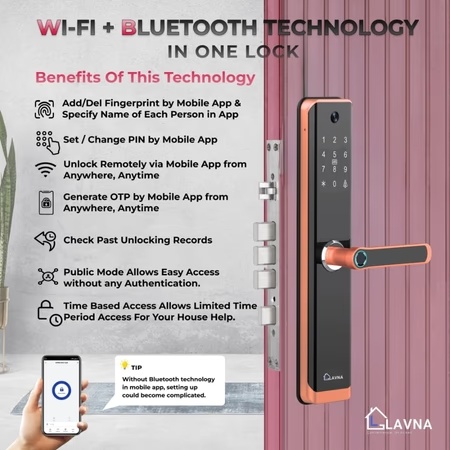 LAVNA LA24 Smart Wi-Fi Camera Door Lock with 7 Way of Access, Rose Gold, (5 Bolts wooden door lock)