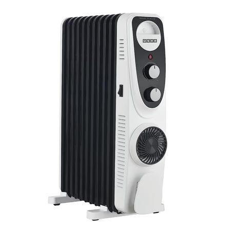 Usha 4211 FU PTC Oil Filled Radiator, 2500W, 11 Fins, 3 Heat Settings, Adjustable Thermostat, Built-in Fan, Overheat and Tip-Over Protection, Caster Wheels, Black and White